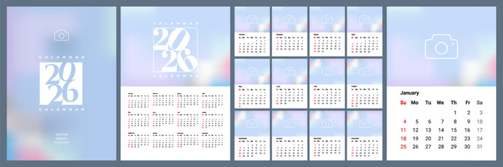 Monthly vertical calendar template for 2026 year with week start Sunday. Corporate design layout for print, wall calendar, digital calendar. Suitable for A3 A4 A5 format.