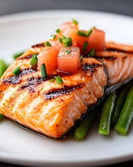 Grilled salmon fillet with grapefruit relish and green beans