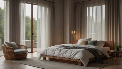 Clean and minimalist bedroom interior with white linens, wood elements, large window with sheer curtains, warm morning light, relaxing and peaceful ambiance,