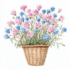Obraz premium Captivating Watercolor Painting of Flowers in a Woven Basket with Pink and Blue Delicate Blooms