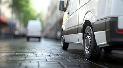 White Delivery Vans Parked on Cobblestone Street in Urban Setting