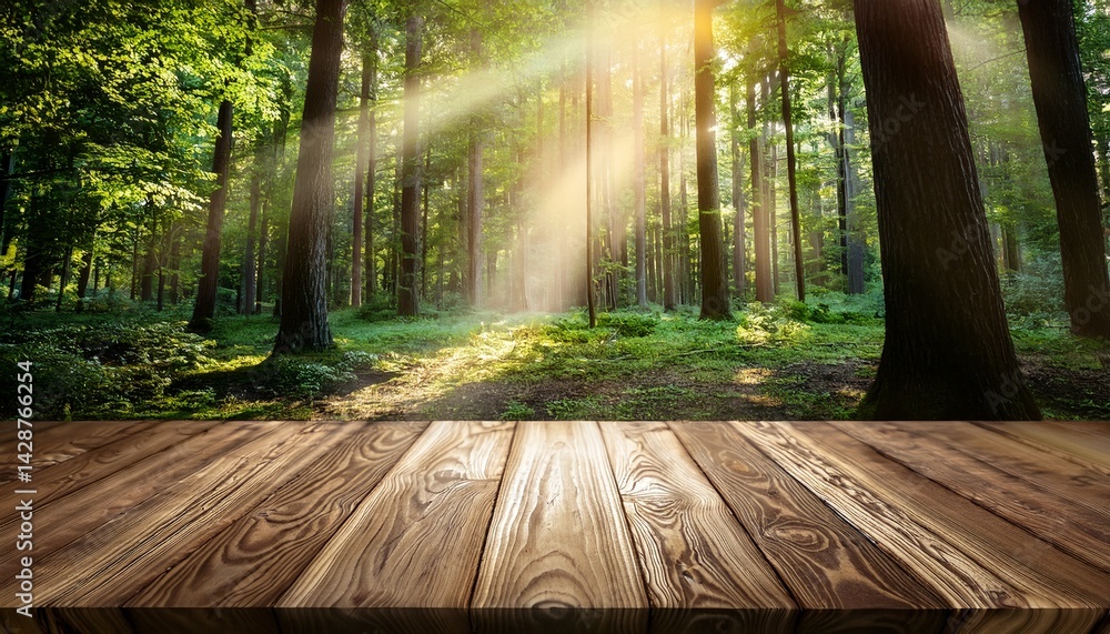 Poster serene forest scene with sun rays filtering through trees showcasing a wooden table in the foregroun