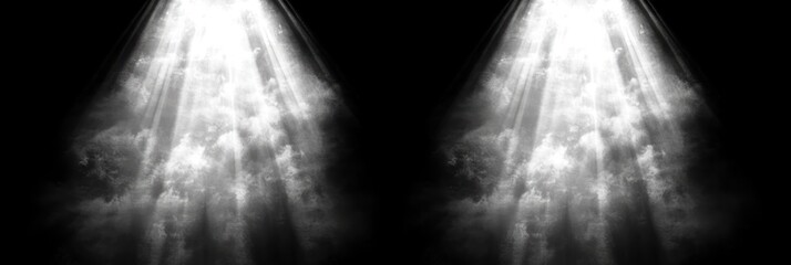 Twin beams cut through darkness illuminating a smoky surreal space