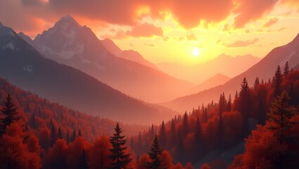 Obraz premium Majestic autumn mountains bathed in sunset light, trees in red, orange, and gold, dramatic shadows and warm sky, epic natural background