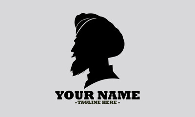 Elegant monochromatic silhouette portrait of a Sikh man in profile, featuring a neatly tied turban and a distinguished beard. man wearing a turban vector illustration and logo man wearing a turban