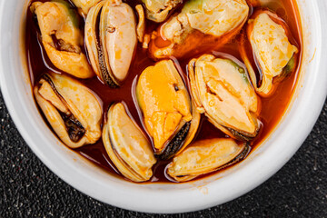 Mussels seafood canned appetizer dish organic fresh tasty gourmet food background on the table rustic food top view copy space