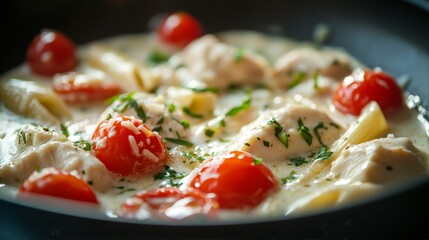Creamy Chicken Alfredo Pasta Dish with Tomatoes and Fresh Parsley Garnish Close Up Food Photography