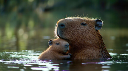 Mother capybara tenderly cuddling baby in calm water at dusk.