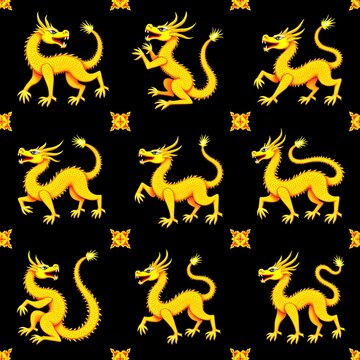 A seamless pattern of golden Thai mythical creatures (singha, garuda, naga) in stylized silhouette on black   tile