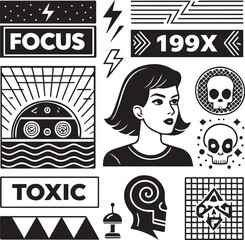 Retro human art vector set with bold graphics and symbols. Generative AI.