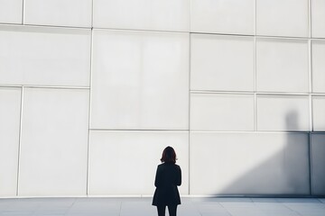 Rear view of a businesswoman in a dark coat standing before a vast, minimalist white wall of a modern building, symbolizing future challenges and corporate opportunities