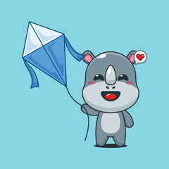 Cute rhino cartoon vector illustration playing kite
