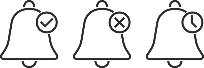 notification icon with check mark, cross mark icon. bell icon for notifications or alerts. reminder alert sign. Alarm symbol