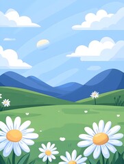 Obraz premium Sunny meadow landscape with daisies and distant mountains
