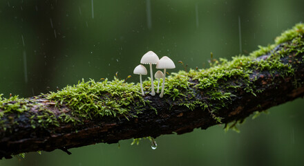 Mushrooms Growing on Mossy Tree Branch in a Rainy Forest