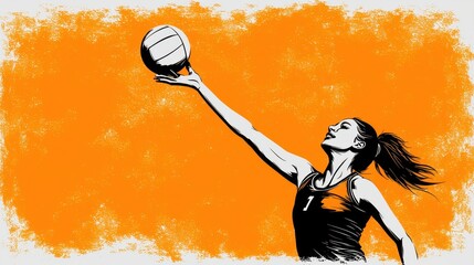 A dynamic illustration of a female volleyball player reaching for a ball, set against a vibrant orange background.