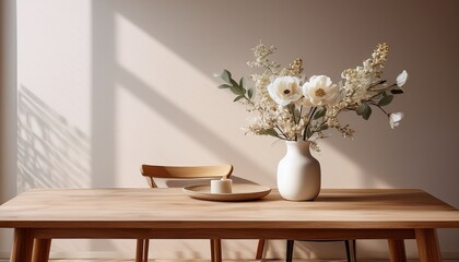 neutral home interior with wooden table and vase of fresh flowers