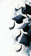Black graduation caps with tassels tossed in the air creating a joyful celebration against a textured white background with blue watercolor splashes