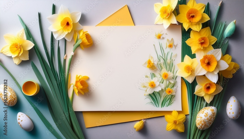 Poster spring flatlay with daffodils and painted paper