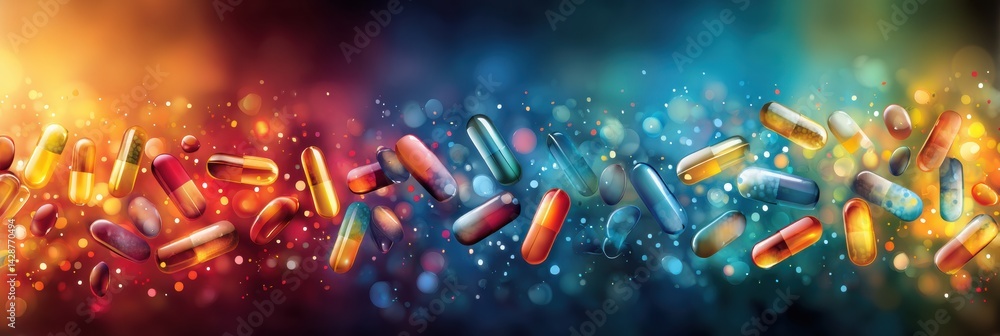 Aufkleber bursting vitamin capsules in vibrant colors with an abstract glowing background showcasing modern he