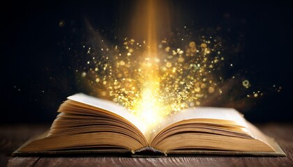 open magic book spreading golden light and fairy dust particles in the dark