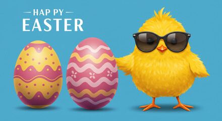 Naklejka premium Cartoon Yellow Chick and Easter Eggs with Happy Greeting