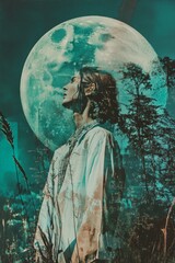 Obraz premium Ethereal Portrait of a Woman Gazing at the Moon Amidst Forest Flora in a Dreamy Surreal Style
