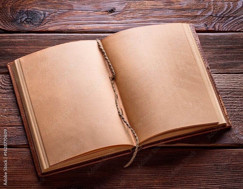 Poster opened notebook with a wooden cover resting on a rustic wooden surface blank pages ready for thought