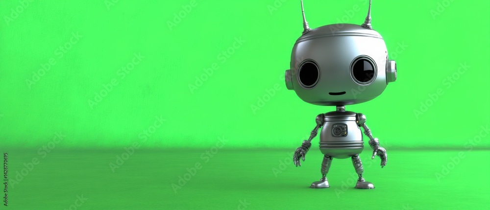 Poster cute silver robot character standing on green background concept of artificial intelligence, robotic