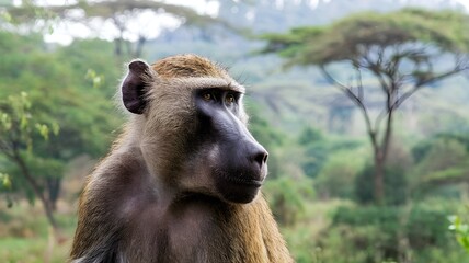 A close-up shot of a baboon observing its surroundings in its natural habitat