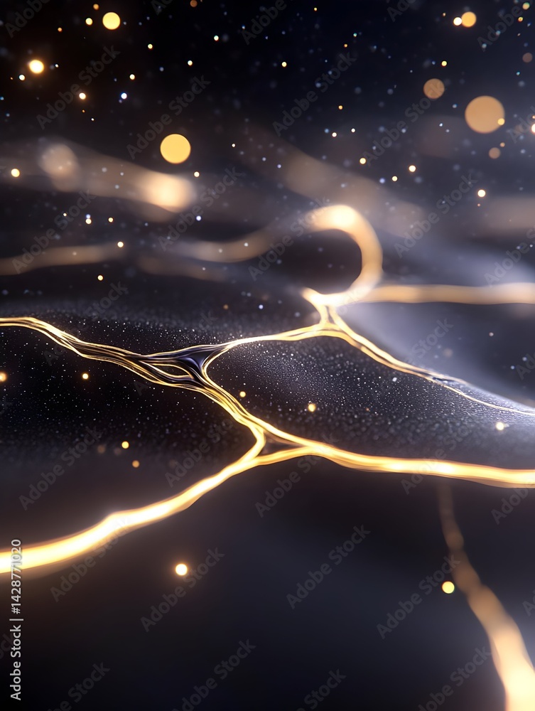 Poster abstract dark background with glowing gold lines and bokeh