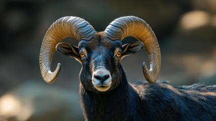 Close-up of a majestic mountain goat.  Powerful horns, intense gaze, black coat