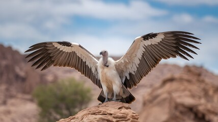 Fototapeta premium A majestic vulture perched atop a rocky outcrop, wings spread wide against a backdrop of a partly cloudy sky. It's a symbol of resilience and the beauty of nature