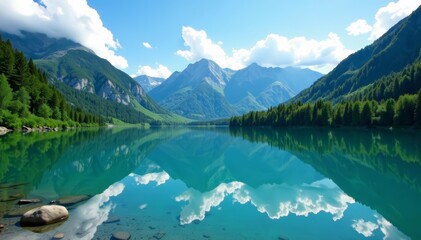 Majestic green mountains reflecting in crystal clear lake under blue skies, view, scenery, landscape
