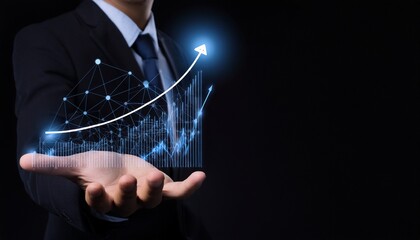 A man in business attire is holding a 3D statistical graph above his hand in a dark space