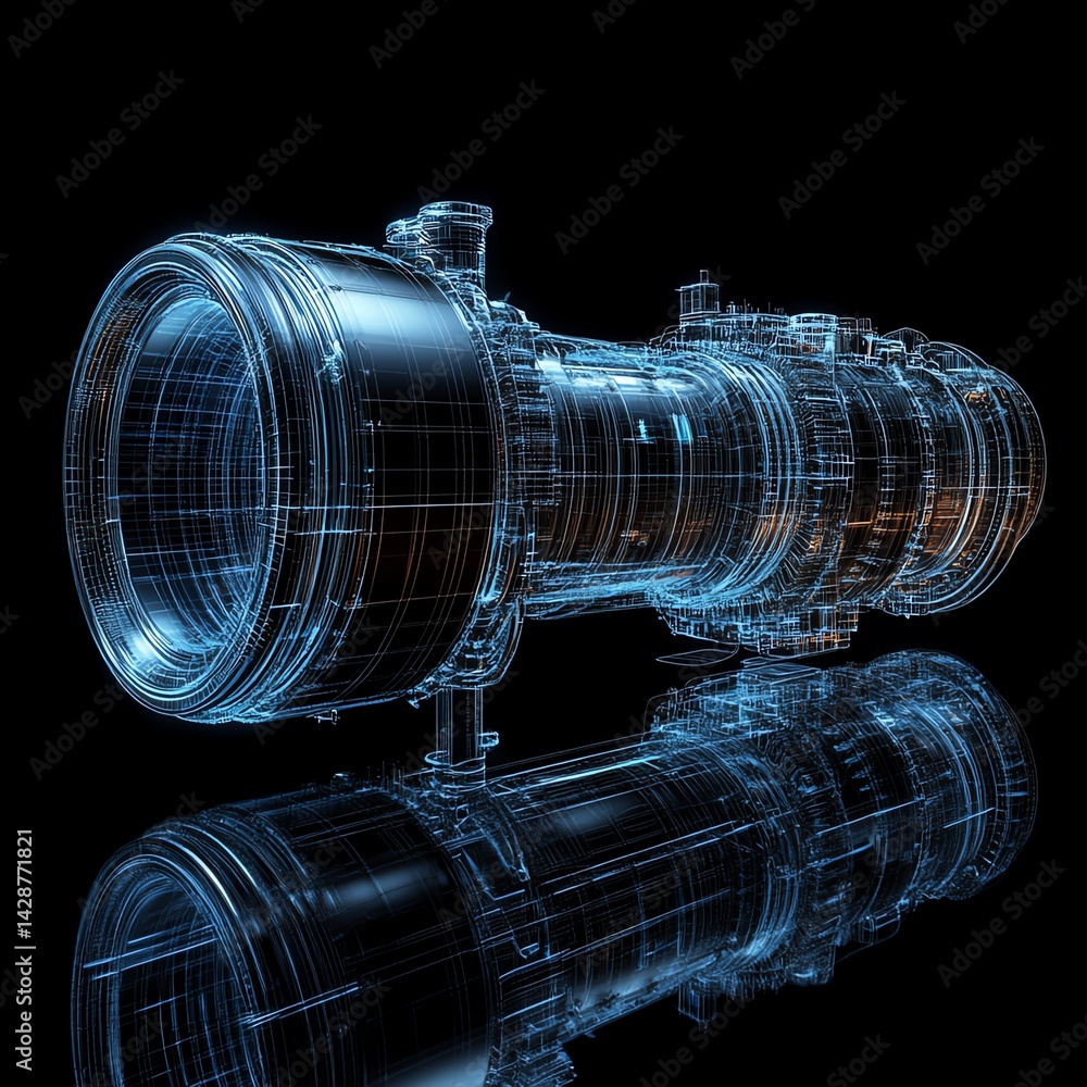 Fototapete wireframe rendering of turbojet engine and mirrored physical body on black background. digital twin 