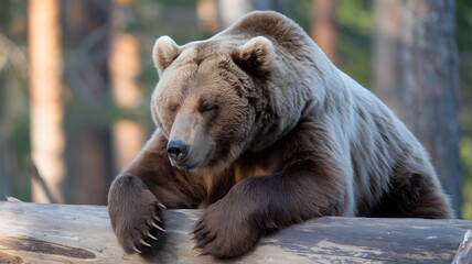 Obraz premium A serene brown bear resting comfortably on a fallen log in a forest setting. It exudes tranquility