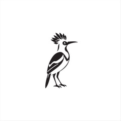 A timeless and elegant logo a classic black and white silhouette of a hoopoe bird against a white background.  Geometric shapes and clean lines create a balanced and symmetrical design, focusing