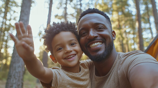 Happy Black father and son taking a selfie in a sunlit forest during a joyful outdoor camping experience, smiling and enjoying quality time together.