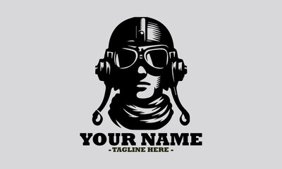 Classic monochromatic silhouette portrait of a pilot wearing a retro helmet, goggles, and scarf, in profile view. pilot wearing a retro helmet vector illustration and logo pilot wearing a retro helmet