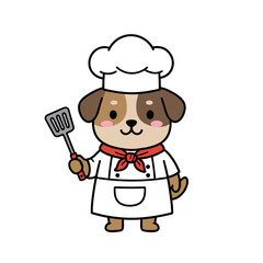 Cute cartoon dog chef holding a spatula in a white uniform,   for teaching children's materials, cards to professions