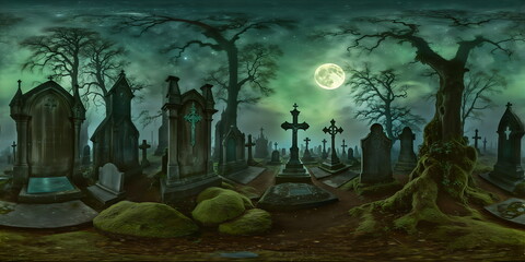 Dark gothic old cemetery at night. Full 360 degrees seamless spherical panorama HDRI equirectangular projection. Texture environment map for lighting and reflection source rendering 3d scenes.