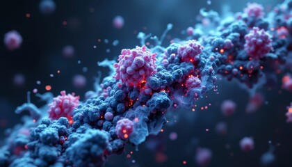 Microscopic action of viral particles digital laboratory scientific visualization high-tech environment close-up view biology insights