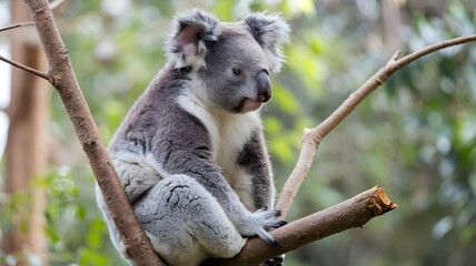 A koala perched on a tree branch in its natural habitat. The koala sits comfortably on the tree