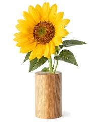 Obraz premium Single vibrant sunflower in a simple wooden vase against a white background