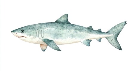 Watercolor shark swimming in white space realistic texture blue  white shading