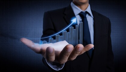 A man in business attire is holding a 3D statistical graph above his hand in a dark space