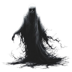 Fototapeta premium Ethereal Specter: A spectral figure cloaked in shadowy tendrils, their face obscured by a ghostly visage, evokes an unsettling sense of mystery and the unknown. 