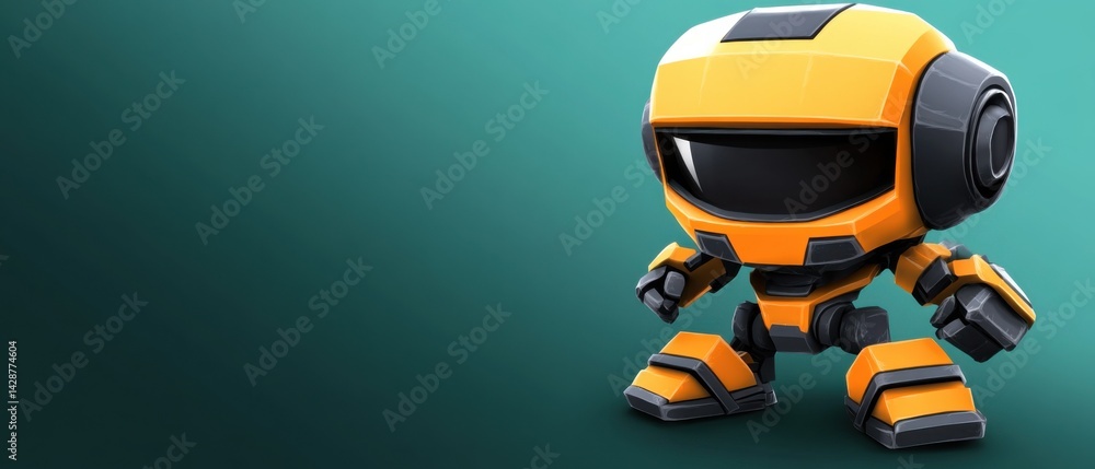 Poster cute yellow robot character with futuristic design standing against a teal background concept of art