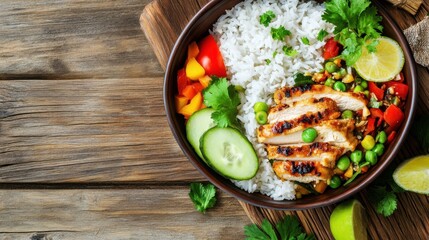 Close-up of homemade lunchbox with rice, vegetables, and chicken, on rustic wooden table